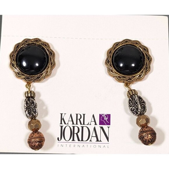 Vintage Karla Jordan Black Onyx Brass Copper Stacked Bead Dangle Pierced Earring - Picture 1 of 7
